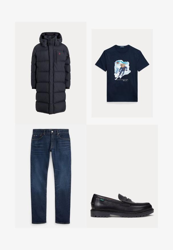 Long manteau d'hiver noir matelassé avec capuche, poches avant, poche poitrine à fermeture éclair verticale et petit logo rouge sur le côté gauche de la poitrine.; T-shirt en coton bleu marine avec un graphisme représentant un ours en train de skier, portant des lunettes de protection, un hélicoptère au-dessus et des montagnes enneigées en arrière-plan.; Jean slim bleu foncé avec un léger délavage sur les cuisses, design à cinq poches et fermeture à bouton à la taille.; Mocassin en cuir noir avec une semelle épaisse à crampons et une petite étiquette verte "Polo" sur le côté extérieur, près du talon.