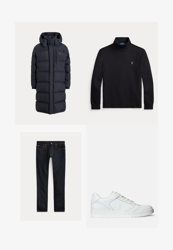 Lange zwarte gewatteerde winterjas met capuchon, voorzakken, verticale ritssluiting op de borstzak en een klein rood logo op de linkerborst.; Zwarte coltrui met lange mouwen en klein geborduurd Polo Ralph Lauren-logo op de linkerborst.; Donkerblauwe slim-fit jeans met vijf zakken, knoopsluiting en contrasterende stiksels, plat gelegd op een lichte achtergrond.; Witte leren sneaker met een gladde textuur, voorzien van een geperforeerde neus, vetersluiting en geborduurde logo aan de zijkant. Witte rubberen zool.