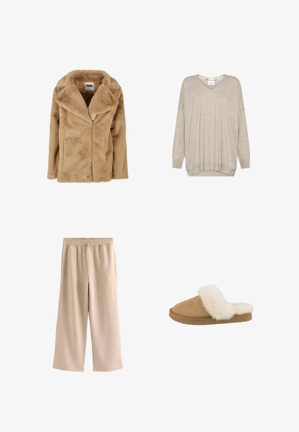 Tan faux fur frakke med bred krave, lange ærmer og en afslappet pasform. Har en blød tekstur og rene linjer. Mærket "Urban Classics."; Lysebeige langærmet striktrøje med V-udskæring og ribkanter ved ærmer og bund, med en let løs pasform og faldende skuldersømme.; Beige bukser med vide ben, elastisk talje og snørre, lavet af et blødt, plettet stof.; Tan ruskinds slippers med en cremefarvet faux fur krave, rund tå og tekstureret gummisål. Har et slip-on design for nem påføring.