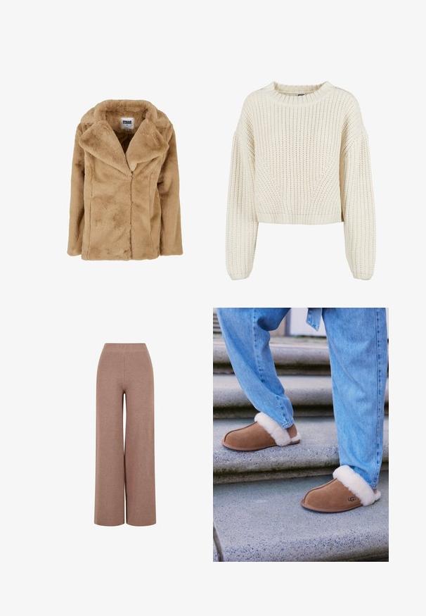 Tan faux fur frakke med bred krave, lange ærmer og en afslappet pasform. Har en blød tekstur og rene linjer. Mærket "Urban Classics."; Chunky strik creme trøje med rund halsudskæring, brede ærmer, ribbede manchetter og et struktureret mønster. Korte design.; Brune, vide strikkede bukser med et tekstureret stof, der har en elastisk talje og en løs pasform for komfort.; Brune ruskind tøfler med hvid faux pelsforing, rund tå og gummisål, parret med blå denim jeans på granittrapper.