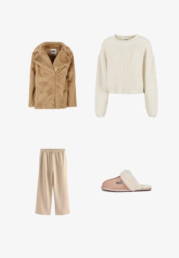 Tan faux fur frakke med bred krave, lange ærmer og en afslappet pasform. Har en blød tekstur og rene linjer. Mærket "Urban Classics."; Chunky strik creme trøje med rund halsudskæring, brede ærmer, ribbede manchetter og et struktureret mønster. Korte design.; Cremefarvede breddebenede bukser lavet af blødt bomuldsblandingsstof. Har en elastisk talje med snor og en subtil plettet tekstur.; Tan suedestøvle med blødt hvidt pelsfor, åben tå-design, flad sål og et lille brandmærke på siden.
