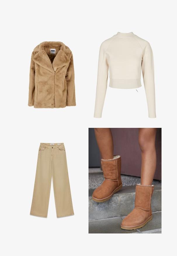 Tan faux fur frakke med bred krave, lange ærmer og en afslappet pasform. Har en blød tekstur og rene linjer. Mærket "Urban Classics."; Cremefarvet cropped sweatshirt med høj hals, lange raglanærmer og ribbet kant. Fremstillet af blødt, glat stof med et minimalistisk design.; Lyse beige jeans med vide ben lavet af denim med to forlommer og lukning med knap. Har enkle linjer og minimal syning.; Brune ruskind ankelstøvler med rund tå, blødt foer og gummisål, der har synlige stikninger langs sømmene.