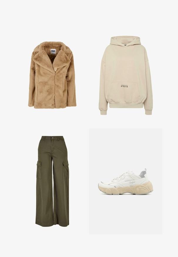 Tan faux fur frakke med bred krave, lange ærmer og en afslappet pasform. Har en blød tekstur og rene linjer. Mærket "Urban Classics."; Beige hættetrøje med en forlomme, ribbede manchetter og snøre i hætten. "PECADOR PGDR" tekst trykt på lommedelen.; Olivengrønne bredde cargo bukser med to sidelommer, lavet af et blødt, holdbart stof. Har detaljeret syning og en knaplukning.; Hvide sneakers med mesh og glat læderoverdel, der har en polstret krave, tekstureret gummisål og diskrete metalliske accenter.