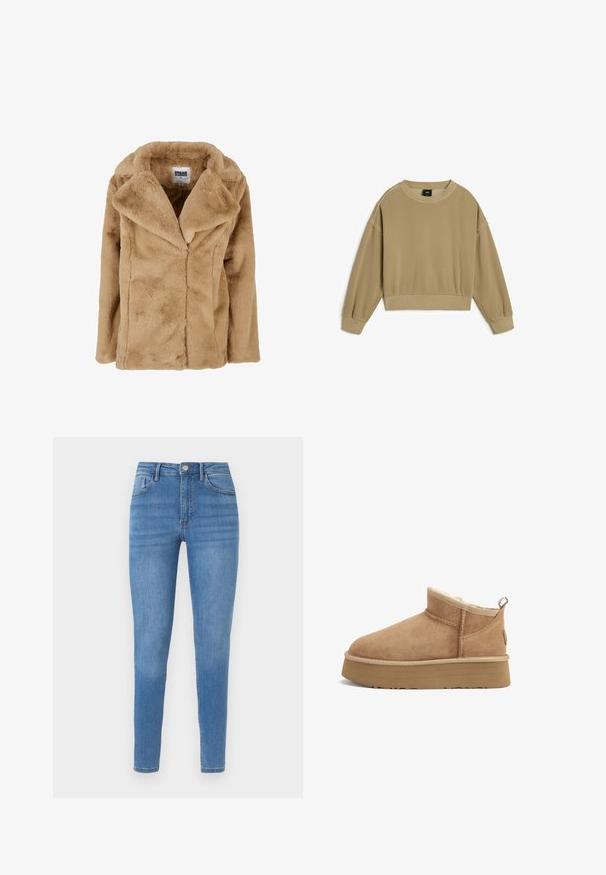 Tan faux fur frakke med bred krave, lange ærmer og en afslappet pasform. Har en blød tekstur og rene linjer. Mærket "Urban Classics."; Khaki pullover sweatshirt med rund hals, dropped shoulder seams, ribstrikkede manchetter og et cropped design. Glat bomuldsblanding.; Lyseblå højtsiddende skinny jeans med fem lommer, knaplukning og subtil falmning på lår og knæ.; Tan ruskind ankelstøvler med blødt pelsfor, rund tå, kort skaft og tekstureret gummisål. Har en lille bagtrækning.