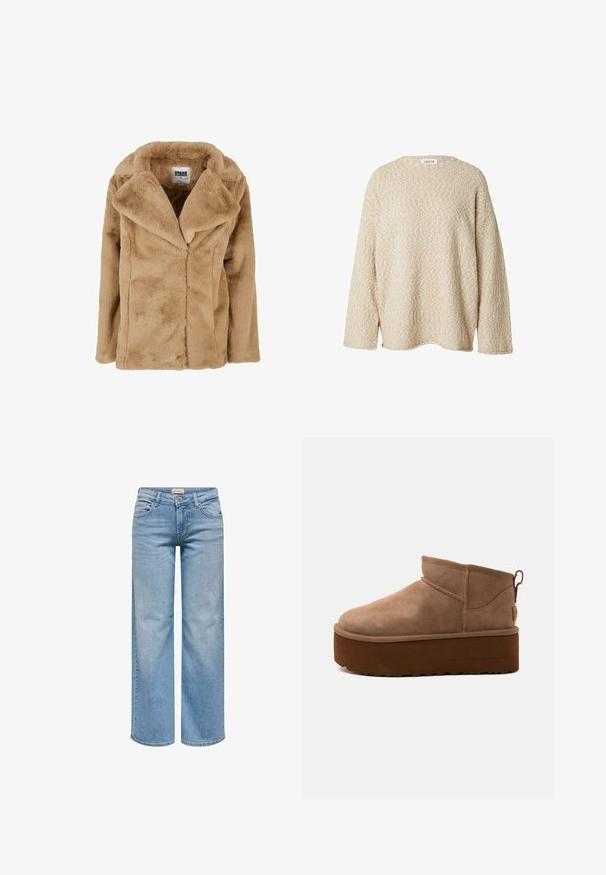 Manteau en fausse fourrure beige avec un large col, des manches longues et une coupe décontractée. Présente une texture douce et des lignes épurées. Étiqueté "Urban Classics".; Pull en tricot beige avec une surface texturée, un large col rond et des manches longues. Présente une coupe ample et un motif subtil sur toute la surface.; Jean denim bleu clair coupe droite avec fermeture devant par bouton et zip, passants de ceinture, poches avant et arrière.; Bottine marron en daim de hauteur moyenne, style slip-on, avec une semelle épaisse compensée et un onglet à l’arrière sur fond clair.