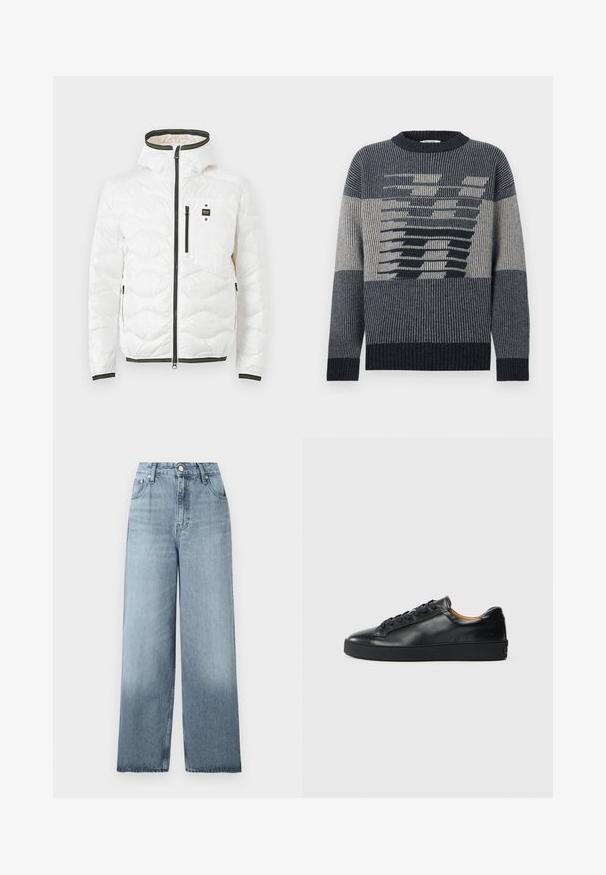 Veste blanche matelassée à capuche avec fermeture éclair noire à l'avant et poches, comprenant une poche poitrine avec un petit patch logo noir et jaune.; Pull en maille avec un motif graphique audacieux en bleu foncé, gris clair et beige. Encolure et poignets côtelés avec des textures variées.; Jean bleu clair taille haute, jambes larges, avec fermeture à boutons et fermeture éclair, poches avant et passants pour ceinture sur un fond uni.; Baskets en cuir noir avec une texture lisse, bout rond et fermeture à lacets. Comprend une semelle en caoutchouc épaisse et un minimum de détails de marque.