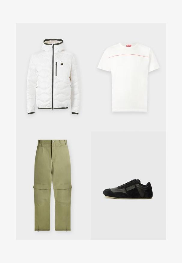 Veste blanche matelassée à capuche avec fermeture éclair noire à l'avant et poches, comprenant une poche poitrine avec un petit patch logo noir et jaune.; T-shirt Diesel blanc à manches courtes avec une fine ligne rouge traversant la poitrine et une étiquette logo Diesel rouge au niveau de l'encolure.; Pantalon convertible vert olive clair avec jambes inférieures amovibles par zip, fermeture avant par bouton et zip, et passants pour ceinture.; Baskets noires en suède et cuir. Présentent un profile bas, un bout arrondi, un design à lacets et des accents texturés. Les semelles ont une texture antidérapante.