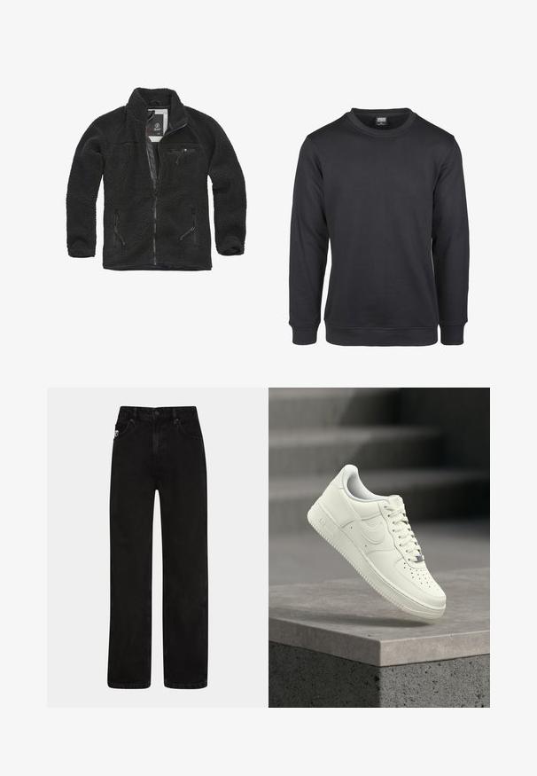 Schwarze Fleecejacke mit durchgehendem Reißverschluss und seitlichen Taschen. Texturierter Stoff, hoher Kragen und aufgesetzte Brusttasche mit Reißverschluss. Leichtes Design.; Schwarzer Sweatshirt aus Baumwollmischung, mit Rundhalsausschnitt, langen Ärmeln, gerippten Bündchen und regelmäßigem Schnitt.; Schwarze Denim-Jeans mit geradem Schnitt, ausgestattet mit frontalen Taschen, einem Knopfverschluss und einem dezenten Logo-Patch am Bund.; Weißer Ledersneaker mit niedrigem Profil, strukturierter Oberfläche, Perforationen an der Spitze und silbernen Akzenten an den Schnürsenkeln und dem Branding.