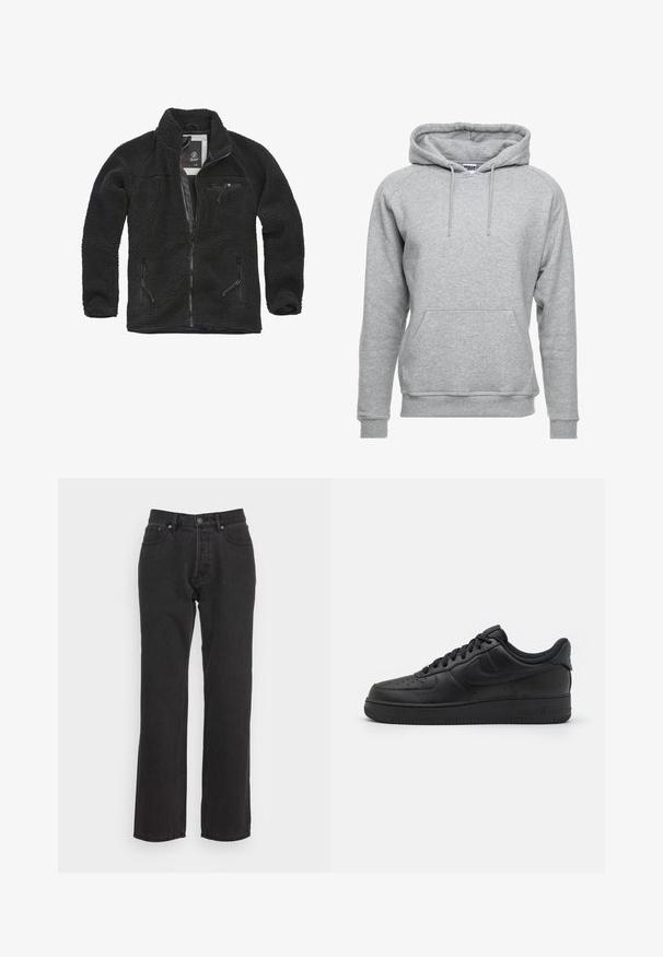 Chaqueta de forro polar negra con cierre frontal y bolsillos laterales con cremallera. Tejido texturizado, cuello alto y bolsillo en el pecho con cremallera. Diseño ligero.; Sudadera gris hecha de suave material de algodón, con un bolsillo frontal, cordones ajustables y puños y dobladillo acanalados.; Jeans de denim negro con un diseño de pierna recta, que cuentan con un cierre de botón frontal, lazos para cinturón y dos bolsillos laterales. Tejido texturizado.; Nike Sportswear AIR FORCE 1 07 FLYEASE - Zapatillas - black