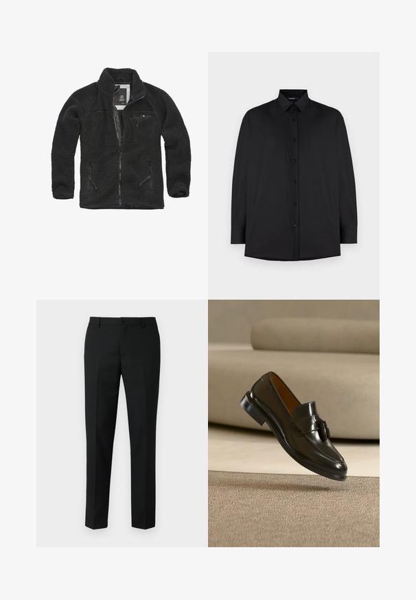 Chaqueta de forro polar negra con cierre frontal y bolsillos laterales con cremallera. Tejido texturizado, cuello alto y bolsillo en el pecho con cremallera. Diseño ligero.; Camisa negra de manga larga hecha de tela suave. Presenta un cuello clásico y cierre frontal con botones. Corte relajado con un dobladillo curvado.; Pantalones negros ajustados hechos de una tela suave, con una cintura bien terminada, bolsillos delanteros y piernas rectas y estrechas.; Zapato mocasín de cuero negro con borlas flotando sobre una alfombra beige con un sofá beige al fondo.