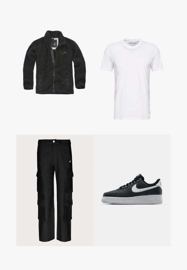Schwarze Fleecejacke mit durchgehendem Reißverschluss und seitlichen Taschen. Texturierter Stoff, hoher Kragen und aufgesetzte Brusttasche mit Reißverschluss. Leichtes Design.; Weißes T-Shirt mit kurzen Ärmeln aus Baumwolle, mit Rundhalsausschnitt und einem schlichten Design. Markentag im Nackenbereich sichtbar. Keine Muster oder Verzierungen.; Schwarze Cargo-Hosen mit lockerer Passform, mehreren Seitentaschen, einem Knopfverschluss und einer glatten Stofftextur.; Schwarze Ledersneaker mit strukturierten Oberflächen, weißem Nike-Swoosh, grauer Sohle, runder Zehenpartie und Schnürdesign. Verfügt über Perforationen an der Zehenbox.