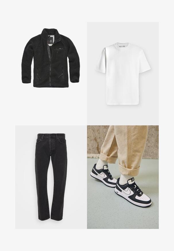 Schwarze Fleecejacke mit durchgehendem Reißverschluss und seitlichen Taschen. Texturierter Stoff, hoher Kragen und aufgesetzte Brusttasche mit Reißverschluss. Leichtes Design.; Schlichtes weißes T-Shirt mit kurzen Ärmeln und Rundhalsausschnitt, flach auf einem hellgrauen Hintergrund liegend mit einem kleinen Markenlabel im Halsausschnitt.; Schwarze gerade geschnittene Jeans für Herren mit vorderem Knopf und Reißverschluss, fünf Taschen und Gürtelschlaufen auf einem schlichten weißen Hintergrund.; Schwarz-weiße Nike Air Force 1 Sneaker mit einem Obermaterial aus Leder, perforierter Zehenpartie und strukturiertem Sohlendesign, getragen mit aufgerollten beigen Hosen und weißen Socken.