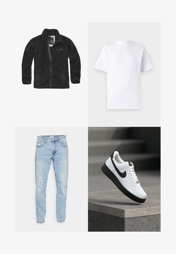 Sort fleecejakke med lynlåsfortil og sidelommer. Struktureret stof, høj krave, og lynlåslomme på brystet. Letvægtsdesign.; Hvid kortærmet t-shirt lavet af bomuld med rund hals, der har en glat tekstur og et simpelt design uden mønstre eller accenter.; Lyseblå jeans lavet af denim, med lige ben, fem lommers design og subtil falmning gennem hele for et slidt look.; Hvid lædersneaker med sorte detaljer, rundet tå og perforerede detaljer. Sort gummisål med tekstureret mønster og snørelukning.