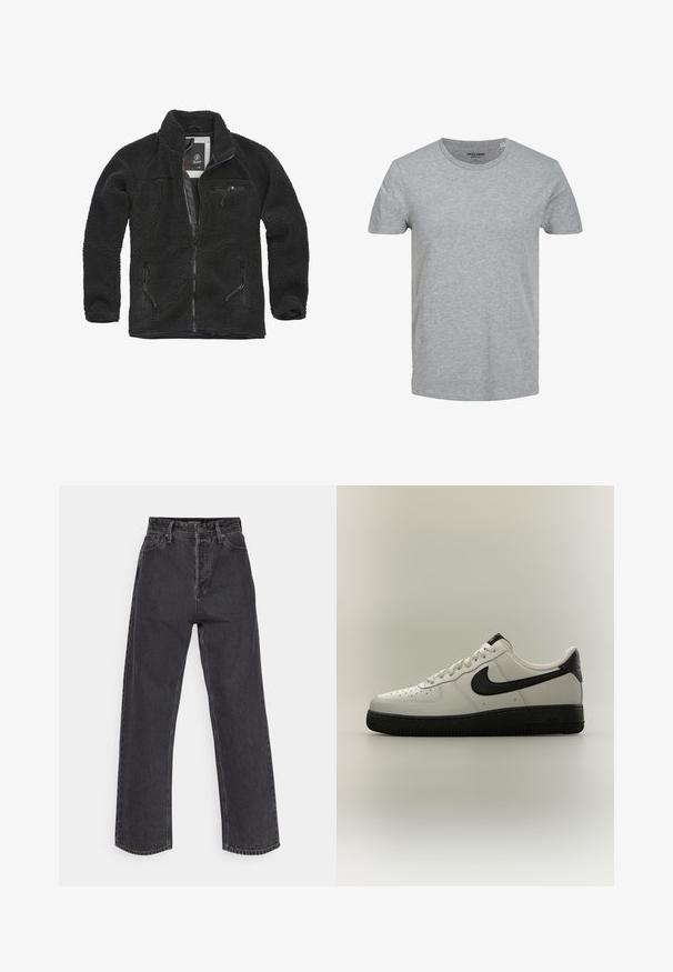 Veste en polaire noire avec zip à l'avant et poches latérales. Tissu texturé, col montant et poche poitrine zippée. Design léger.; T-shirt gris à manches courtes en coton doux. Doté d'un col ras du cou classique et d'une coupe régulière. Design simple sans motifs ni accents.; Jeans taille haute, jambe droite en denim gris foncé, avec un design classique à cinq poches et des coutures contrastantes sur les seams.; Baskets basses blanches avec le swoosh Nike noir, languette de talon noire et semelle noire épaisse sur un fond neutre.