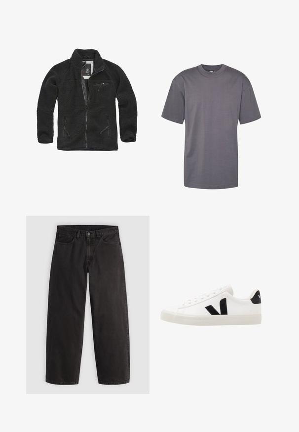 Schwarze Fleecejacke mit durchgehendem Reißverschluss und seitlichen Taschen. Texturierter Stoff, hoher Kragen und aufgesetzte Brusttasche mit Reißverschluss. Leichtes Design.; Graues Baumwoll-T-Shirt mit rundem Halsausschnitt und kurzen Ärmeln, featuring ein einfaches Design und geraden Saum, geeignet für die Freizeit.; Schwarze gerade geschnittene Jeans aus Denim mit fünf Taschen und Gürtelschlaufen, flach auf einem einfarbigen hellen Hintergrund liegend dargestellt.; Weiße Leder-Sneaker mit schwarzen Wildlederelementen; verfügen über eine Gummisohle, eine runde Spitze und ein klassisches Schnürdesign. Seitliches Logo in Schwarz.
