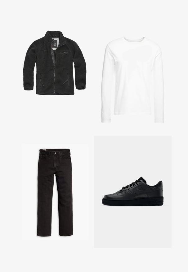 Sort fleecejakke med lynlåsfortil og sidelommer. Struktureret stof, høj krave, og lynlåslomme på brystet. Letvægtsdesign.; Langærmet hvid t-shirt lavet af blød bomuld. Rund halsudskæring med lige skårne kanter og ingen synlige mønstre eller grafikker.; Sorte lige bukser i denim med fem lommer, knaplukning og bæltestropper, lagt fladt ud på en hvid baggrund.; Sort Nike Air Force 1 sneaker med en glat læderoverdel, perforeret tå for åndbarhed, sorte snørebånd og en textured gummisål.