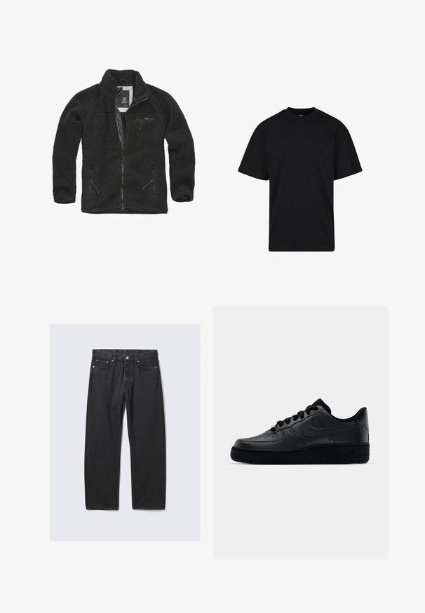 Veste en polaire noire avec zip à l'avant et poches latérales. Tissu texturé, col montant et poche poitrine zippée. Design léger.; T-shirt noir à manches courtes avec col rond, coupe décontractée, design simple sans logos ni motifs visibles.; Jean noir droit avec cinq poches et une fermeture bouton à la taille, posé à plat sur un fond clair.; Baskets Nike Air Force 1 noires avec un dessus en cuir lisse, bout perforé pour la respirabilité, lacets noirs et semelle en caoutchouc texturé.