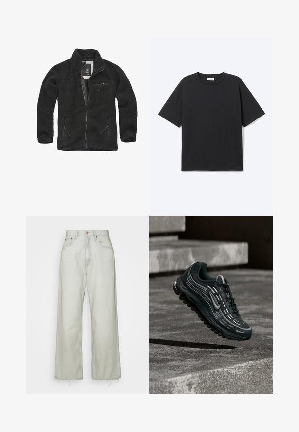 Schwarze Fleecejacke mit durchgehendem Reißverschluss und seitlichen Taschen. Texturierter Stoff, hoher Kragen und aufgesetzte Brusttasche mit Reißverschluss. Leichtes Design.; Schwarzes T-Shirt mit kurzen Ärmeln und Rundhalsausschnitt in lockerer Passform, Vorderansicht, schlichtes Design und sichtbares Weekday-Label im Krageninneren.; Helle, weit geschnittene Jeans aus Denim mit hoher Taille, fransigem Saum und subtilen Verwaschungen an den Vorderseitentaschen.; Schwarzer und grauer Nike Air Max Sneaker, der über graue Betonstufen mit strukturiertem Bodenhintergrund schwebt.