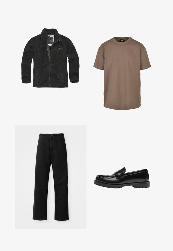 Schwarze Fleecejacke mit durchgehendem Reißverschluss und seitlichen Taschen. Texturierter Stoff, hoher Kragen und aufgesetzte Brusttasche mit Reißverschluss. Leichtes Design.; Braunes T-Shirt aus Baumwolle, mit rundem Ausschnitt, kurzen Ärmeln und lässiger Passform, mit einer glatten Textur. Keine Muster oder Akzente.; Schwarze Jeans mit geradem Schnitt, ausgestattet mit Fronttaschen, einem Reißverschluss und einem einzelnen oberen Knopf. Texturiert mit matter Oberfläche.; Schwarzer Leder-Slipper mit dicker Gummisohle und klassischem Penny-Detail an der Riemen, von der Außenseite gezeigt.