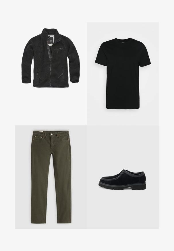 Chaqueta de forro polar negra con cierre frontal y bolsillos laterales con cremallera. Tejido texturizado, cuello alto y bolsillo en el pecho con cremallera. Diseño ligero.; Camiseta negra de manga corta hecha de algodón suave, con cuello redondo y un diseño sencillo sin estampados ni acentos.; Jeans verde oliva hechos de un algodón resistente. Cuenta con cinco bolsillos, remaches en tono cobre y un corte recto con un diseño limpio.; Zapato negro de ante con cordones, suela gruesa de goma y puntera redondeada, mostrado de lado sobre un fondo gris claro.