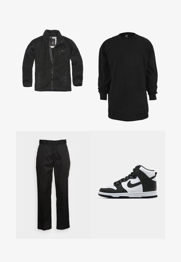 Schwarze Fleecejacke mit durchgehendem Reißverschluss und seitlichen Taschen. Texturierter Stoff, hoher Kragen und aufgesetzte Brusttasche mit Reißverschluss. Leichtes Design.; Langärmliges schwarzes T-Shirt aus Baumwolle. Hat einen runden Ausschnitt und eine normale Passform. Glatte Textur ohne sichtbare Muster oder Akzente.; Schwarze Hose aus einem glatten Stoff, mit einem geraden Bein Design, Gürtelschlaufen und zwei Seiten Taschen. Klassischer Look ohne Verzierungen.; Schwarz-weißer High-Top-Sneaker mit Lederobermaterial, perforiertem Zehenbereich, auffälligem Swoosh-Logo und strukturiertem Gummisohle.