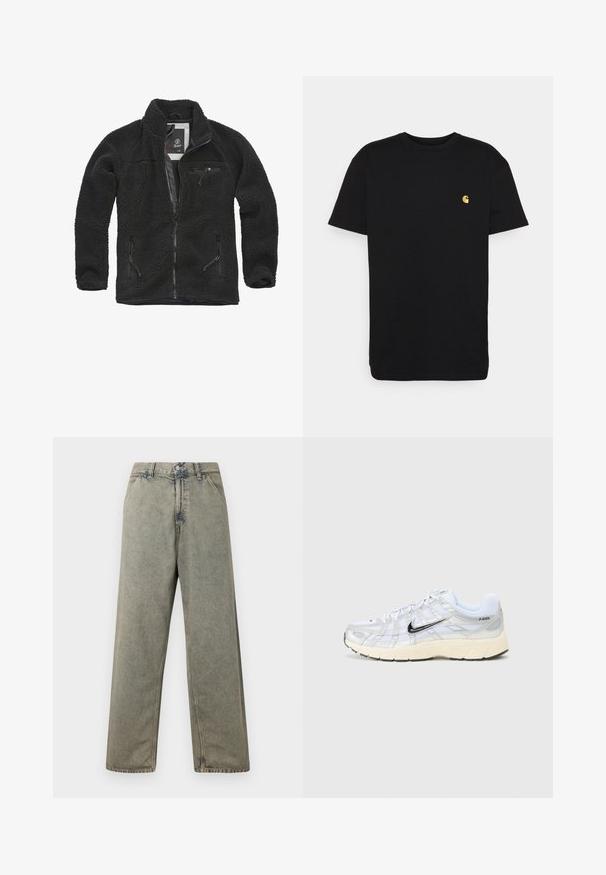 Sort fleecejakke med lynlåsfortil og sidelommer. Struktureret stof, høj krave, og lynlåslomme på brystet. Letvægtsdesign.; Sort bomulds t-shirt med korte ærmer, rund halsudskæring og et lille gult logo på venstre brystområde. Enkel design og almindelig pasform.; Blå denim bukser med vid ben i en falmet grå farve, med knaplukning og traditionelt fem-lomme design med synlige syninger.; Hvide mesh sneakers med sølvdetaljer, sort Nike swoosh, polstret krave og tekstureret sål. Har et lagdelt design for stabilitet.