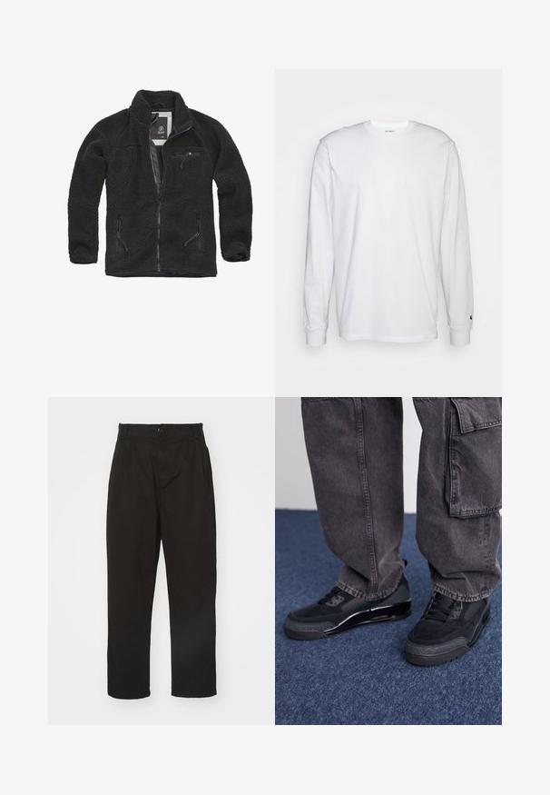 Schwarze Fleecejacke mit durchgehendem Reißverschluss und seitlichen Taschen. Texturierter Stoff, hoher Kragen und aufgesetzte Brusttasche mit Reißverschluss. Leichtes Design.; Weißes Langarm-T-Shirt aus Baumwolle. Rundhals-Design mit gerippten Bündchen und kleinem Logo auf dem linken Ärmel. Glatte Textur.; Schwarze Hose aus glattem Stoff, mit Knopfverschluss, geradem Schnitt und zwei vorderen Falten für zusätzlichen Detail.; Schwarze Sportschuhe mit einer strukturierten Oberfläche, glatten Akzenten und einer chunky Sohle, kombiniert mit dunklen, lässig sitzenden Cargo-Hosen.
