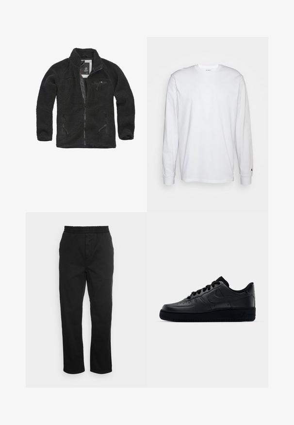 Sort fleecejakke med lynlåsfortil og sidelommer. Struktureret stof, høj krave, og lynlåslomme på brystet. Letvægtsdesign.; Hvid langærmet T-shirt lavet af bomuld. Rund halsudskæring med ribbede manchetter og et lille logo på venstre ærme. Glat tekstur.; Sorte bomuldsbukser med elastisk talje, lige ben og sidelommer. Glat tekstur uden mønstre eller accenter.; Sort Nike Air Force 1 sneaker med en glat læderoverdel, perforeret tå for åndbarhed, sorte snørebånd og en textured gummisål.