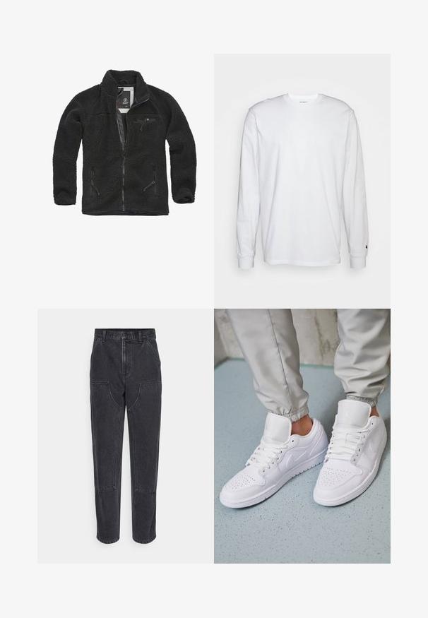 Sort fleecejakke med lynlåsfortil og sidelommer. Struktureret stof, høj krave, og lynlåslomme på brystet. Letvægtsdesign.; Hvid langærmet T-shirt lavet af bomuld. Rund halsudskæring med ribbede manchetter og et lille logo på venstre ærme. Glat tekstur.; Sorte denim jeans med høj talje, lige ben og store forlommer. Har kontrasterende syninger og ingen synlige logoer.; Hvide lædersneakers har en perforeret tåboks, flade snørebånd, polstret krave og Jordan-logoet på tungen. Båret med grå joggers.