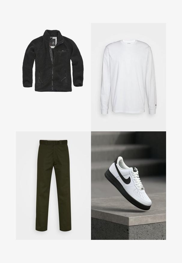 Sort fleecejakke med lynlåsfortil og sidelommer. Struktureret stof, høj krave, og lynlåslomme på brystet. Letvægtsdesign.; Hvid langærmet T-shirt lavet af bomuld. Rund halsudskæring med ribbede manchetter og et lille logo på venstre ærme. Glat tekstur.; Mørkegrønne bukser med lige ben, lavet af et glat stof. Har en flad front, bæltestropper og ingen synlige mønstre eller hardware.; Hvid lædersneaker med sorte detaljer, rundet tå og perforerede detaljer. Sort gummisål med tekstureret mønster og snørelukning.
