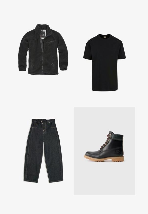 Zwarte fleecjas met ritssluiting aan de voorkant en zijzakken. Textuurstof, hoge kraag en ritssluiting op de borstzak. Lichtgewicht ontwerp.; Urban Classics SHORTSLEEVE - T-shirt basic - black; Zwart denim spijkerbroek met hoge taille en brede pijpen, voorzien van vier knopen aan de voorkant, voorzakken met klinknagels en contrasterende stiksels.; Zwarte leren enklaars met bruine veters, gewatteerde groene kraag en een tan rubberen zool met diepe noppen, zijaanzicht op witte achtergrond.