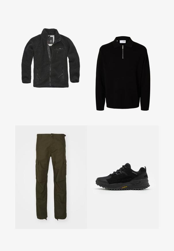 Schwarze Fleecejacke mit durchgehendem Reißverschluss und seitlichen Taschen. Texturierter Stoff, hoher Kragen und aufgesetzte Brusttasche mit Reißverschluss. Leichtes Design.; Schwarzer langärmliger Strickpullover mit Kragen und kurzem Frontreißverschluss, entworfen für Männer.; Olivgrüne Cargo-Hosen aus strapazierfähigem Stoff, mit einem Knopfverschluss, mehreren Seitentaschen und elastischen Bündchen an den Knöcheln.; Schwarzer Sportschuh mit einem Obermaterial aus Mesh und Synthetik, einer strukturierten Gummisohle, wasserabweisenden Akzenten und reflektierenden Details.