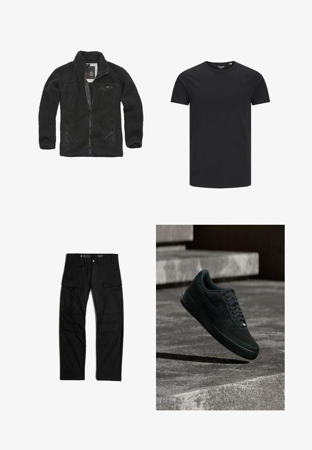 Schwarze Fleecejacke mit durchgehendem Reißverschluss und seitlichen Taschen. Texturierter Stoff, hoher Kragen und aufgesetzte Brusttasche mit Reißverschluss. Leichtes Design.; Schwarzes Baumwoll-T-Shirt mit Rundhalsausschnitt, kurzen Ärmeln und schlichtem Design. Glatte Textur, keine Muster oder sichtbare Beschläge.; Schwarze Cargo-Hosen aus strapazierfähigem Stoff, mit mehreren Taschen, lockerer Passform und mittlerer Taille. Größenetikett 32x34 sichtbar.; Schwarzer Nike Air Force 1 Sneaker mit Mesh- und Lederdetails, der bei schwacher Beleuchtung über strukturierte Betontreppen schwebt.