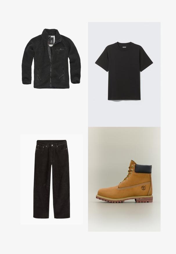 Sort fleecejakke med lynlåsfortil og sidelommer. Struktureret stof, høj krave, og lynlåslomme på brystet. Letvægtsdesign.; Simpel sort kortærmet bomulds T-shirt med rund halsudskæring og mærket "WEEKDAY" indeni kraven på en lys grå baggrund.; Sorte fløjl bukser med lige ben, knap- og lynlås lukning, samt fem lomme design.; Brun læderankelstøvle med sort krave, gule snørebånd og tanfarvet sål. Har logo og hvide syninger som detalje. Robust ydersål med greb.