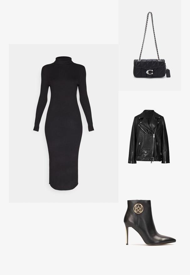 Zwarte leren motorjack met asymmetrische ritsen, drukknoopsluitingen en een riem. De textuur is soepel met een licht glanzende afwerking.; ONLY ONLLEONORA MIDI DRESS - Jurk - black; Zwarte leren enkellaars met een spitse neus, hoge stilettohak en een gouden ronde logo-accent aan de zijkant. Glad textuur en slank ontwerp.; COACH QUILTED TABBY SHOULDER WITH CHAIN - Handtas - black