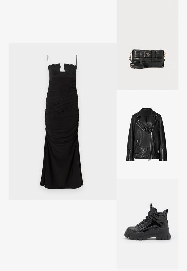 Chaqueta de motorista de cuero negro con cremalleras asimétricas, botones a presión y un cinturón. La textura es suave con un acabado ligeramente brillante.; Vestido de noche negro hasta el suelo con fruncidos, busto ajustado y estructurado, y finas tiras en los hombros sobre fondo blanco.; Botas de charol negro de caña alta con suela de goma gruesa, que cuentan con un cierre de cordones en la parte delantera, cuello acolchado y detalles laterales.; Bolso de mano acolchado negro con un acabado de cuero suave, herrajes en tono dorado y una correa desmontable. Presenta un emblema de logo triangular en la parte frontal.