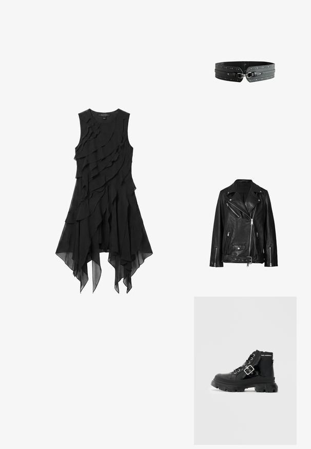 Chaqueta de motorista de cuero negro con cremalleras asimétricas, botones a presión y un cinturón. La textura es suave con un acabado ligeramente brillante.; Vestido negro sin mangas de gasa con volantes en capas y bajo asimétrico en forma de pañuelo.; Botín de tobillo de charol negro con suela gruesa, parte delantera con cordones, correa de hebilla plateada y logo "KARL LAGERFELD" en la parte superior.; Cinturón ancho de cuero negro con tachuelas plateadas y un cierre central de broche metálico sobre fondo blanco.