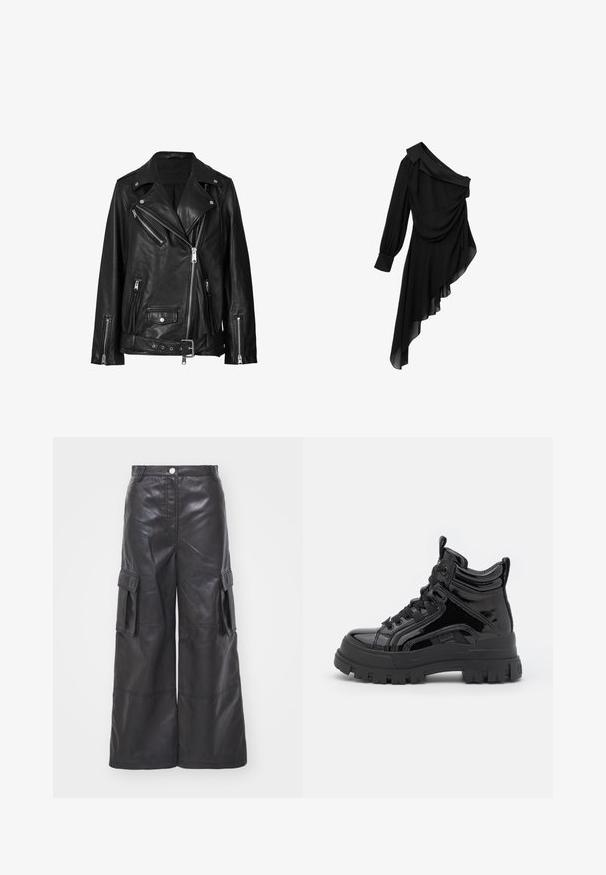 Chaqueta de motorista de cuero negro con cremalleras asimétricas, botones a presión y un cinturón. La textura es suave con un acabado ligeramente brillante.; Vestido negro de tejido fluido, con un diseño de un solo hombro, frente drapeado, manga larga y dobladillo asimétrico.; Pantalones cargo de cuero negro con un diseño de pierna ancha que incluye dos bolsillos laterales y costuras detalladas. La tela tiene una textura suave y brillante.; Botas de charol negro de caña alta con suela de goma gruesa, que cuentan con un cierre de cordones en la parte delantera, cuello acolchado y detalles laterales.