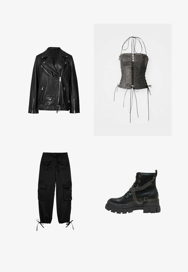 Sort læder bikerjakke med asymmetrisk lynlås, trykknapper og et bælte. Teksturen er glat med en let skinnende overflade.; Jaded London LONGLINE LACE UP HALTER CORSET - Top - black; Sorte cargo-bukser lavet af blødt stof, med snor i taljen, to forlommer og to sidelommer med knapklapper. Justerbare manchetter.; Sort læder kampstøvle med tyk slidbane og dekorativ sølvkæde viklet omkring snørebåndene og ankelområdet.