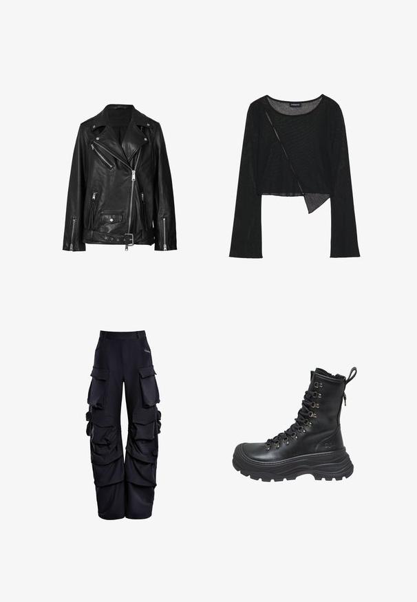 Sort læder bikerjakke med asymmetrisk lynlås, trykknapper og et bælte. Teksturen er glat med en let skinnende overflade.; Sort langærmet cropped top i et let, gennemsigtigt stof. Har en rund halsudskæring og en asymmetrisk kant med en let tekstur.; Sorte cargo bukser lavet af struktureret stof, med flere store lommer, en afslappet pasform og fornæbbede detaljer langs siderne.; Sorte læder kampstøvler med høj skaft, tekstureret gummisål, metaløjer og snørebånd. Har en bageste pull-tab for nem påtagning.