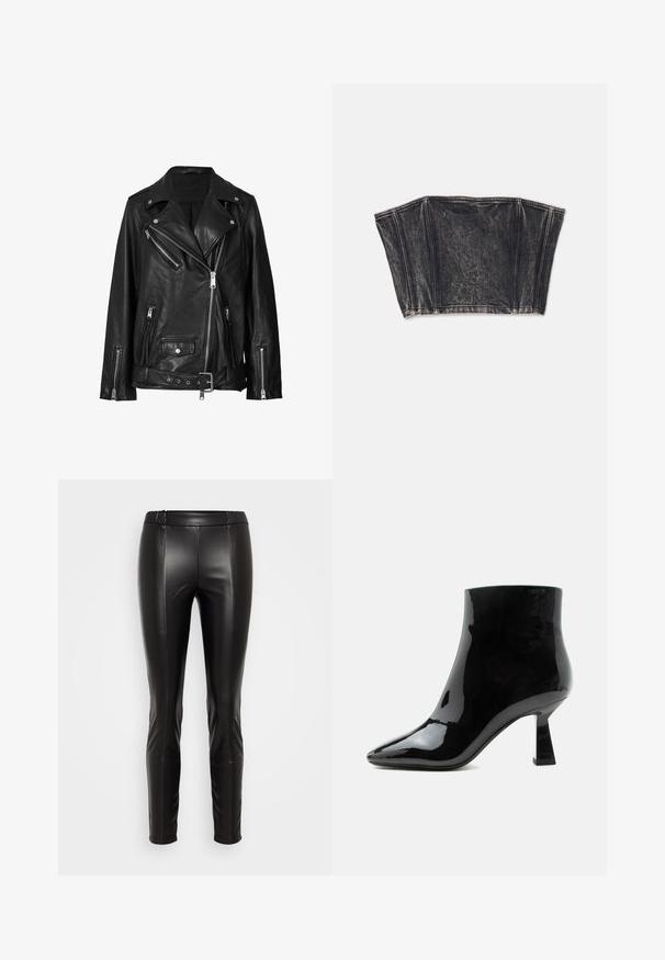 Zwarte leren motorjack met asymmetrische ritsen, drukknoopsluitingen en een riem. De textuur is soepel met een licht glanzende afwerking.; Zwarte denim bustier met gestructureerd ontwerp, met verticale naden en een aangesloten, cropped vorm. Textuur oppervlak met subtiele vervaging.; Zwarte nepleer leggings met een elastische taille, een strakke pasvorm, een gladde textuur en stiksels die naar voren lopen.; Zwarte glanzende lakleren enkellaars met spitse neus en uitlopende middelhoge hak op witte achtergrond.