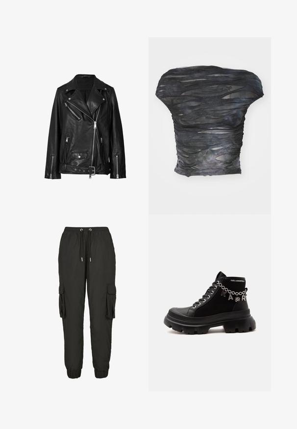 Chaqueta de motorista de cuero negro con cremalleras asimétricas, botones a presión y un cinturón. La textura es suave con un acabado ligeramente brillante.; Top negro y translúcido con un diseño texturizado y en capas que presenta cortes horizontales. El material parece ligero con sutiles variaciones de color.; Pantalones cargo negros hechos de material ligero, con una cintura elástica, cordón ajustable, bolsillos laterales y puños acanalados.; Bota negra de caña alta con suela gruesa, decoración de cadena que deletrea "KARL," y marca "KARL LAGERFELD" en el cuello del tobillo.