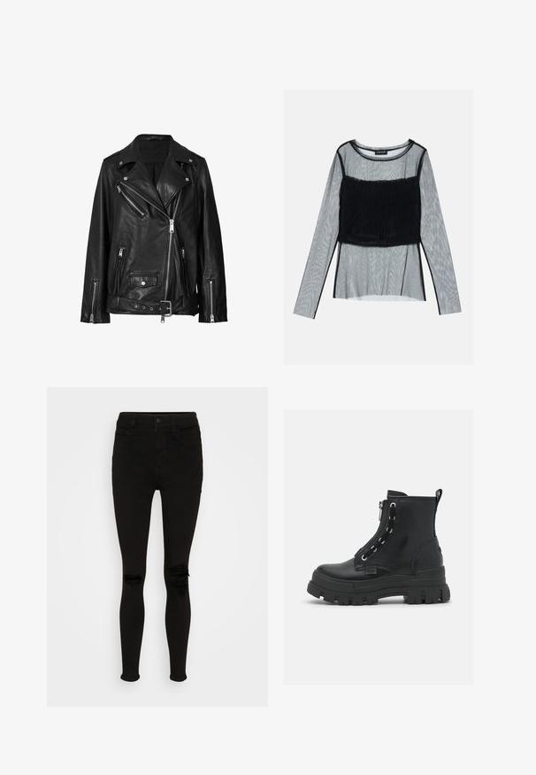 Chaqueta de motorista de cuero negro con cremalleras asimétricas, botones a presión y un cinturón. La textura es suave con un acabado ligeramente brillante.; Top de manga larga de malla negra con un cuerpo ajustado fruncido y un acabado texturizado, escote redondeado y mangas transparentes.; American Eagle SUPER HIGH RISE - Jeggings - black wash; Botas negras hasta el tobillo de cuero texturizado con suela de goma gruesa, cierre con cremallera y diseño de cordones con ojales de plata.
