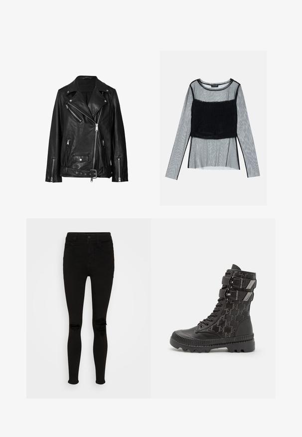 Chaqueta de motorista de cuero negro con cremalleras asimétricas, botones a presión y un cinturón. La textura es suave con un acabado ligeramente brillante.; Top de manga larga de malla negra con un cuerpo ajustado fruncido y un acabado texturizado, escote redondeado y mangas transparentes.; American Eagle SUPER HIGH RISE - Jeggings - black wash; Botas de combate negras con parte superior texturizada que presenta un patrón de pata de gallo, dos correas ajustables y una suela robusta.