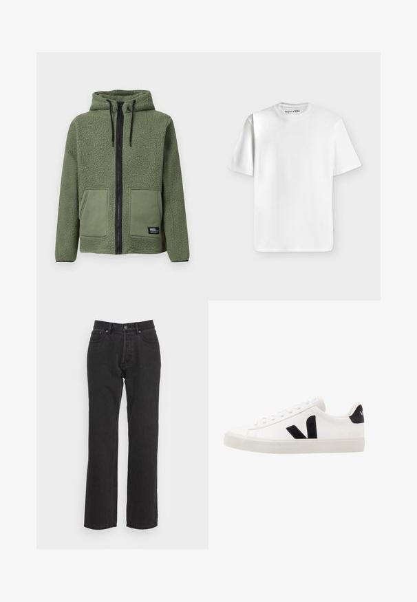 Veste en polaire verte à capuche avec fermeture éclair intégrale noire, cordons, deux poches plaquées frontales et étiquette de marque « Rebel » sur la poche inférieure.; T-shirt blanc uni à manches courtes et col rond, posé à plat sur un fond gris clair avec une petite étiquette de marque à l’intérieur du col.; Jean en denim noir avec une coupe droite, dotés d'une fermeture à bouton à l'avant, de passants de ceinture et de deux poches latérales. Tissu texturé.; Sneaker blanche en cuir avec des accents en daim noir ; dispose d'une semelle en caoutchouc, d'un bout rond et d'un design classique à lacets. Logo latéral en noir.