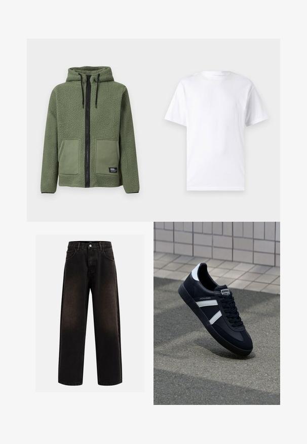 Veste en polaire verte à capuche avec fermeture éclair intégrale noire, cordons, deux poches plaquées frontales et étiquette de marque « Rebel » sur la poche inférieure.; T-shirt blanc à manches courtes en coton avec un col rond, présentant une texture lisse et un design simple, sans motifs ni accents.; Jeans en denim noir avec une coupe décontractée, comprenant des passants de ceinture, un design à cinq poches et une fermeture à bouton. Tissu texturé avec un léger effet de décoloration.; Sneaker en cuir noir avec des rayures blanches, semelle en caoutchouc texturée et devant à lacets. Présente une étiquette de marque sur la languette.