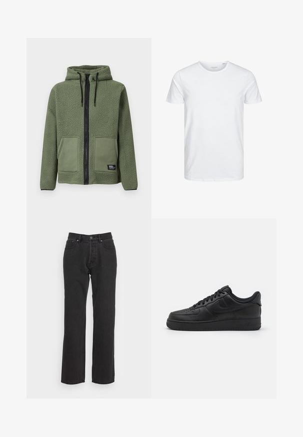 Veste en polaire verte à capuche avec fermeture éclair intégrale noire, cordons, deux poches plaquées frontales et étiquette de marque « Rebel » sur la poche inférieure.; T-shirt à col rond à manches courtes de couleur blanche unie, fabriqué en coton doux, avec un design simple sans motifs ni accents visibles.; Jean en denim noir avec une coupe droite, dotés d'une fermeture à bouton à l'avant, de passants de ceinture et de deux poches latérales. Tissu texturé.; Nike Sportswear AIR FORCE 1 07 FLYEASE - Baskets basses - black