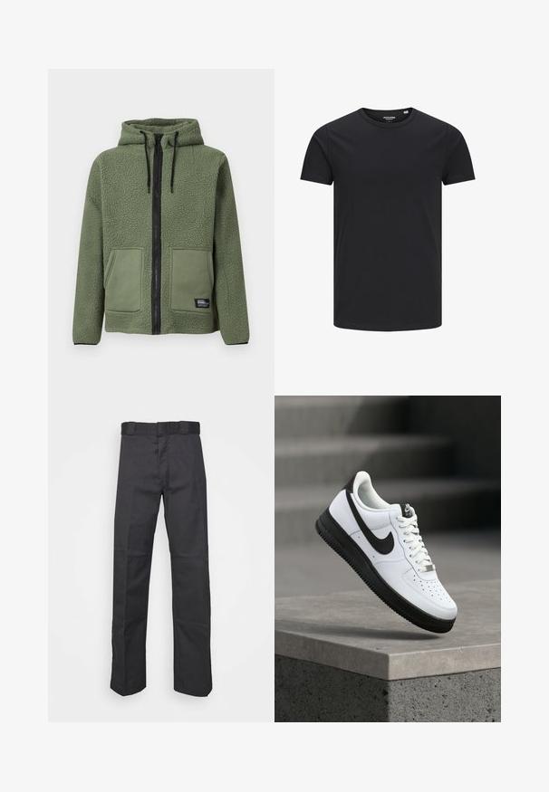 Veste en polaire verte à capuche avec fermeture éclair intégrale noire, cordons, deux poches plaquées frontales et étiquette de marque « Rebel » sur la poche inférieure.; T-shirt en coton noir avec un col rond, des manches courtes et un design simple. Texture lisse, sans motifs ni éléments visibles.; Pantalons noirs en tissu durable, dotés d'une coupe droite, d'une taille avec passants de ceinture et de coutures pour une texture ajoutée.; Baskets en cuir blanc avec accents noirs, bout arrondi et détails perforés. Semelle en caoutchouc noire avec motif texturé et fermeture à lacets.