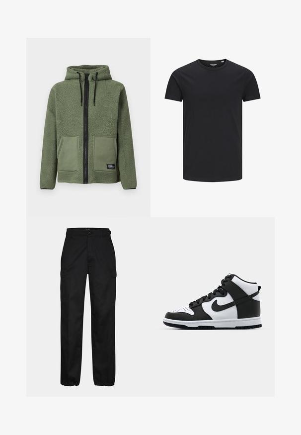 Veste en polaire verte à capuche avec fermeture éclair intégrale noire, cordons, deux poches plaquées frontales et étiquette de marque « Rebel » sur la poche inférieure.; T-shirt en coton noir avec un col rond, des manches courtes et un design simple. Texture lisse, sans motifs ni éléments visibles.; Pantalons cargo noirs avec une coupe droite, dotés de poches latérales, d'une fermeture à bouton et de poignets élastiques aux chevilles. Fabriqués en tissu résistant.; Baskets montantes noir et blanc avec tige en cuir, boîte à orteils perforée, logo swoosh proéminent et semelle en caoutchouc texturée.