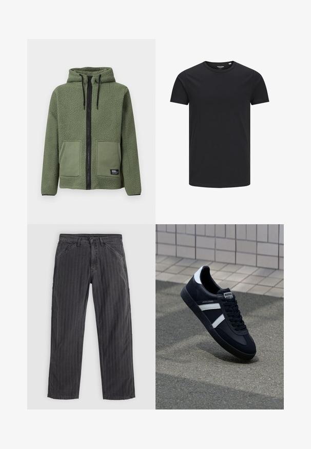 Veste en polaire verte à capuche avec fermeture éclair intégrale noire, cordons, deux poches plaquées frontales et étiquette de marque « Rebel » sur la poche inférieure.; T-shirt en coton noir avec un col rond, des manches courtes et un design simple. Texture lisse, sans motifs ni éléments visibles.; Pantalons à rayures noires en tissu mélangé coton. Présentent un design à jambe droite, des poches latérales et une fermeture à bouton.; Sneaker en cuir noir avec des rayures blanches, semelle en caoutchouc texturée et devant à lacets. Présente une étiquette de marque sur la languette.